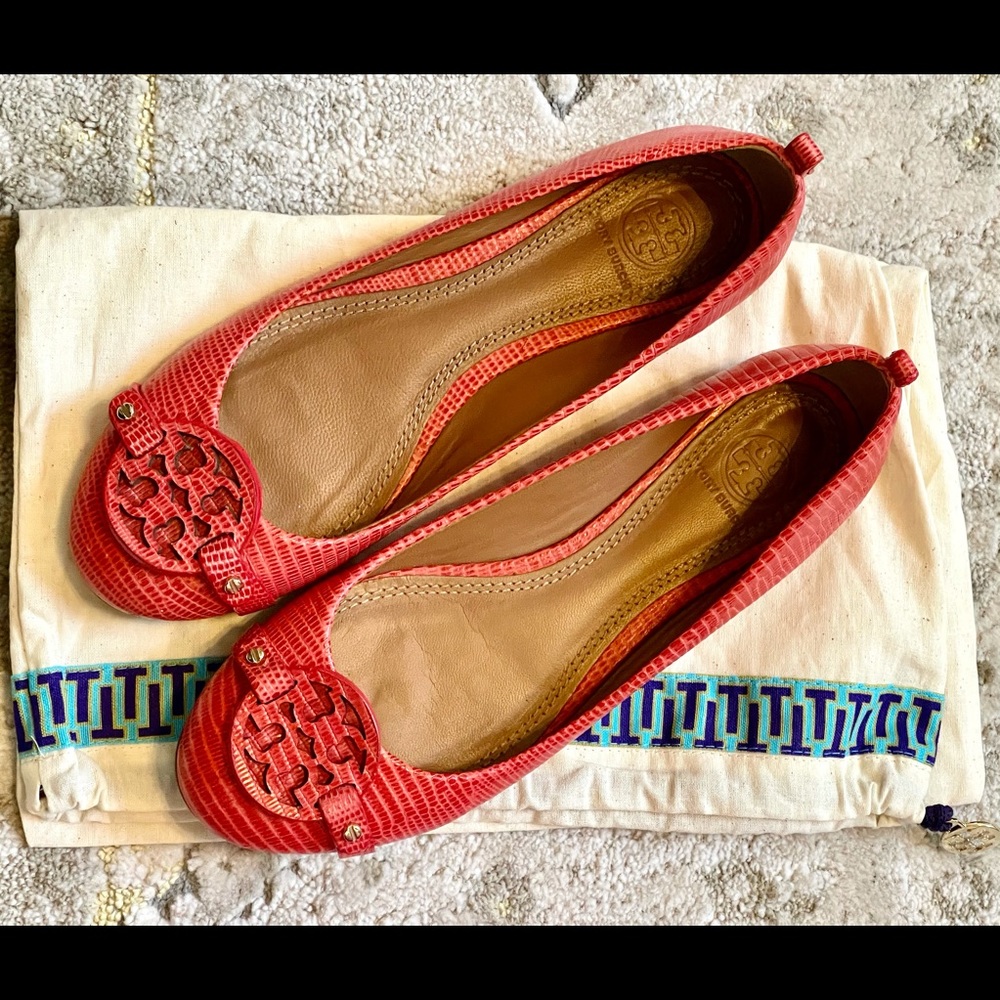 Tory Burch Mini Miller Flats Melon Lizard 6.5M